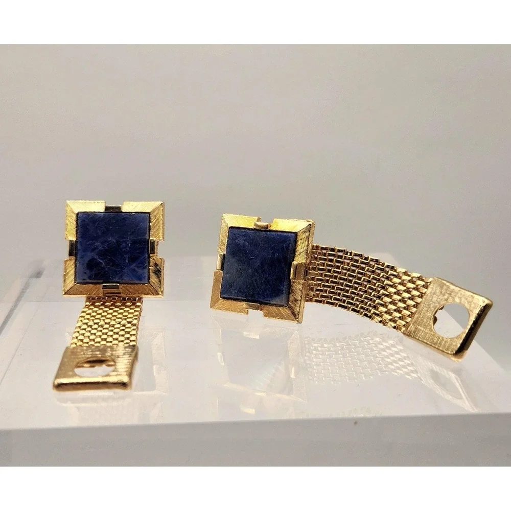 Vintage Oleg Cassini Sodalite Cufflinks Gold Tone Mesh Designer Original Box